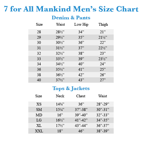 7 For All Mankind Jeans Size Chart