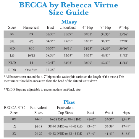 Becca By Virtue Size Chart