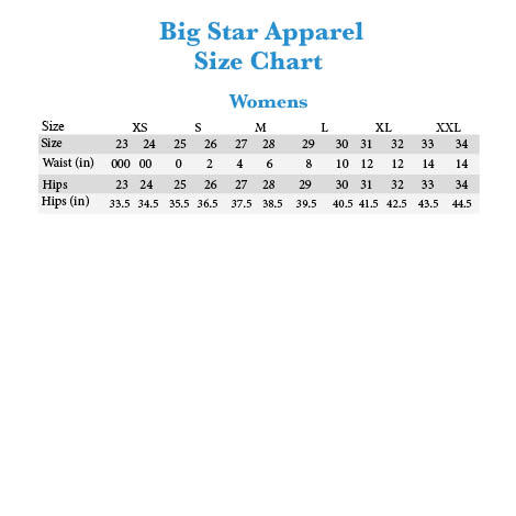 Big Star Jeans Size Chart Women S
