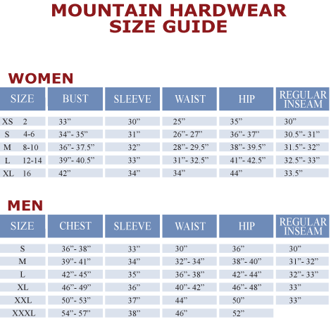 Mountain Hardwear Men S Size Chart