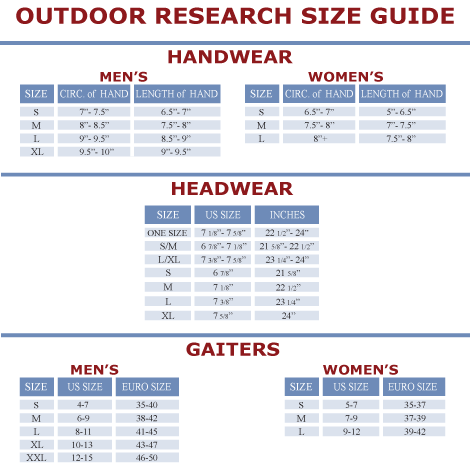 Outdoor Research Men S Size Chart