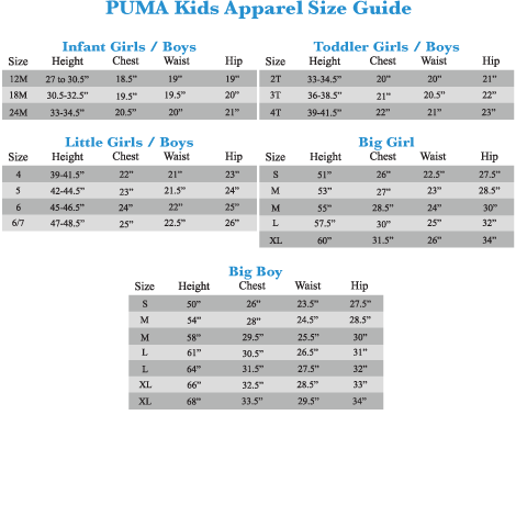 Puma Kids Shoes Size Chart