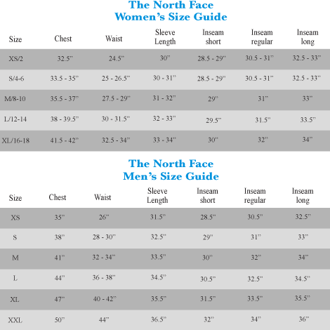 North Face Childrens Size Chart