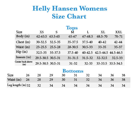 product information helly hansen size chart women s