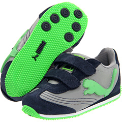 buy Puma Kids,  Speeder Illuminescent Suede V (Infant/Toddler/Youth) (Limestone Grey/New Navy/Fluorescent),  Footwear fashion shop