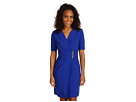 Ellen Tracy - Wrap Dress w/ Metal Clasp Rouched Sleeve (Cobalt)