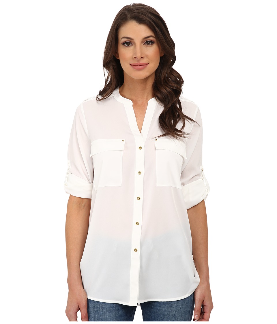 UPC 887345638217 product image for Calvin Klein Crew Neck Roll Sleeve Blouse (Soft White) Women's Blouse | upcitemdb.com
