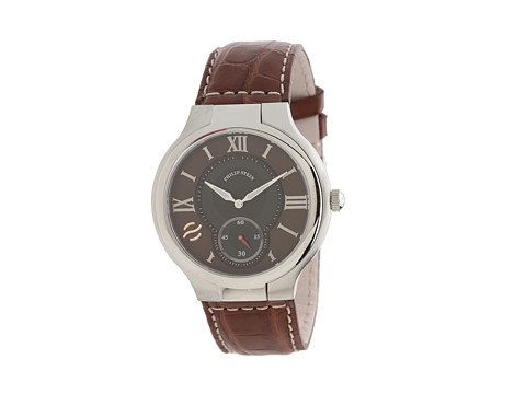 Philip Stein - Large Round Stainless Steel Watch on Dark Brown Stitched Alligator Strap (Dark Brown) Watches