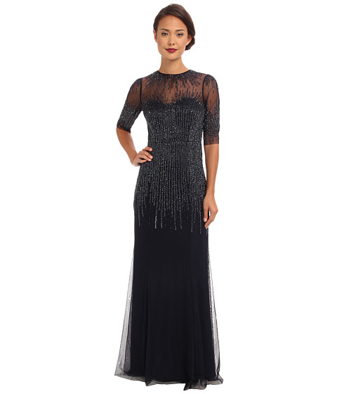 UPC 887873654048 product image for Adrianna Papell 3/4 Sleeve Illusion Neck Beaded Gown (Midnight) Women's Dress | upcitemdb.com