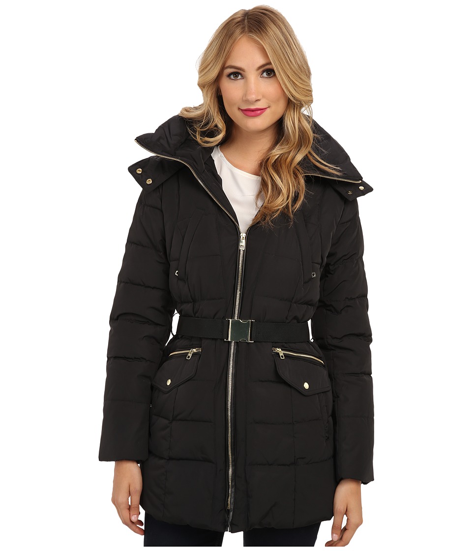 Cole Haan - Taffeta Down Hooded Belted Zip Front (Black) Women
