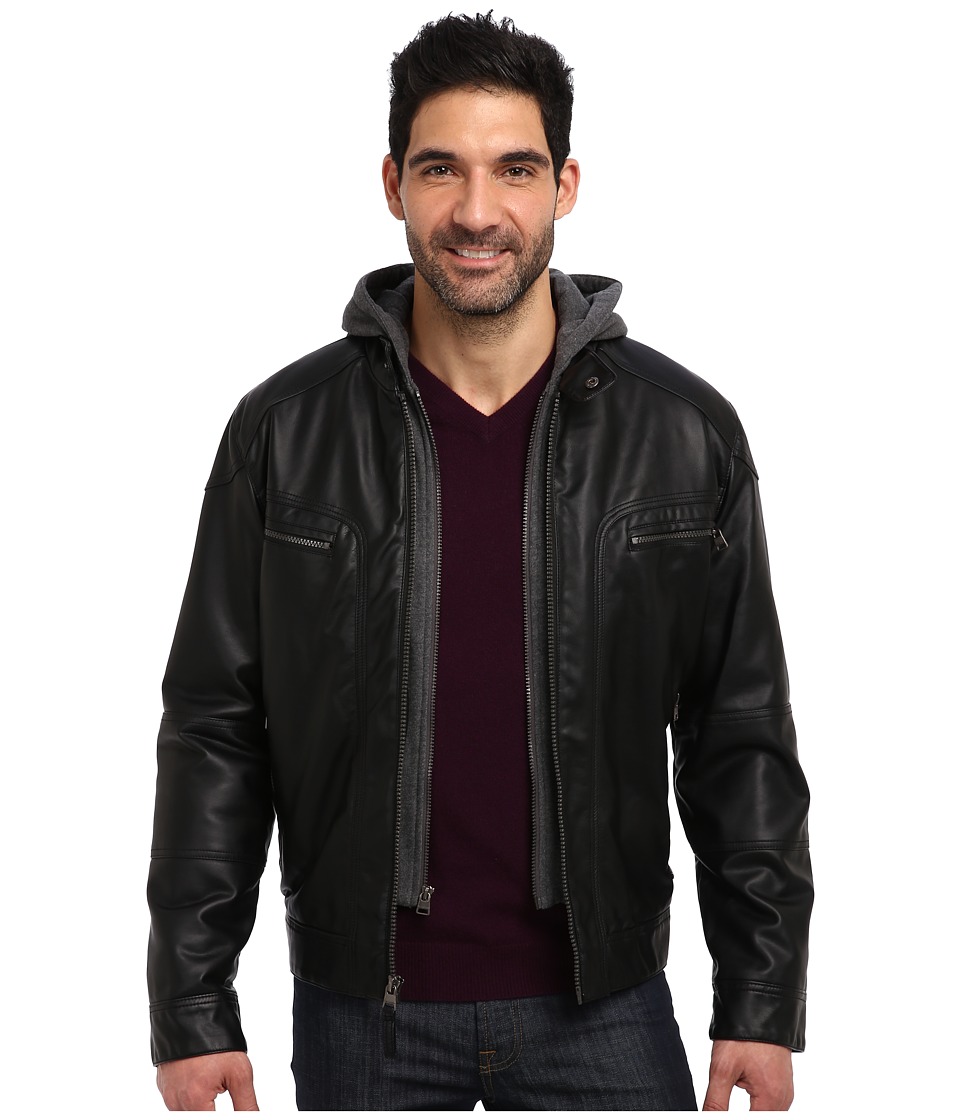 Calvin Klein - Faux Leather Bomber Jacket w\/ Knit Hood CM499139 (Black) Men's Coat