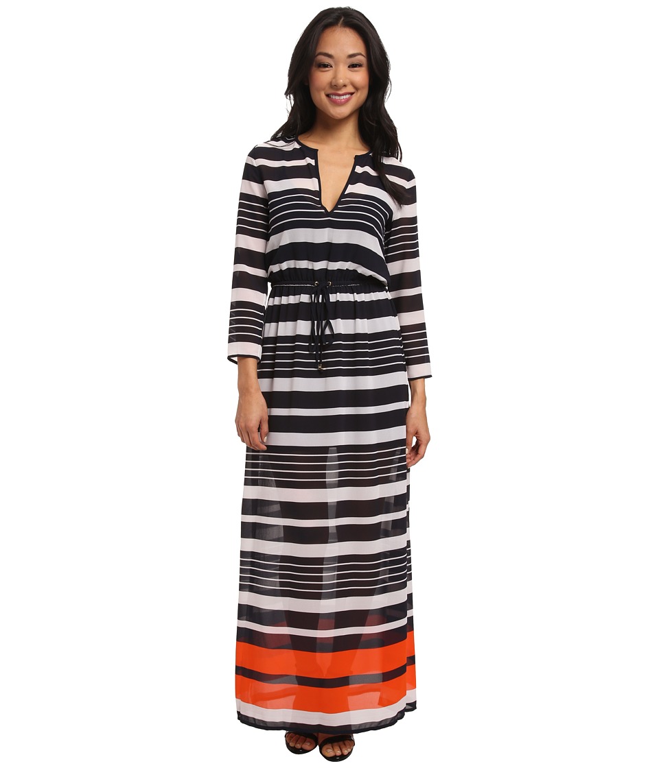 MICHAEL Michael Kors Helsinki Long Sleeve Maxi Dress (New Navy/Mandarin) Women