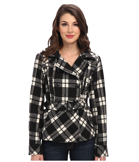 dollhouse - Belted Double Breasted w/ Notch Collar Epaulettes Coat (Halle Plaid) Women's Coat