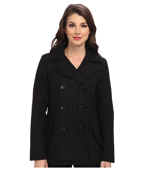 dollhouse Classic Double-Breasted Notched Collar w/ Back Belt Detail Coat (Black) Women's Coat