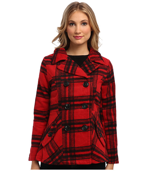 dollhouse - Classic Double-Breasted Notched Collar w/ Back Belt Detail Coat (Katy Plaid Red) Women's Coat