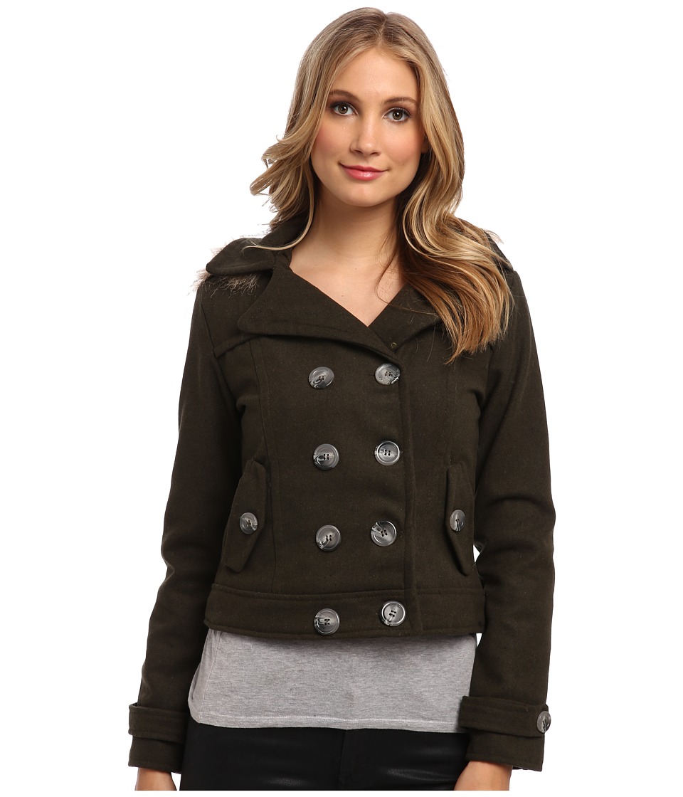 dollhouse - Double Breasted w\/ Detached Faux Fur Trimmed Hood Coat (Military Green) Women's Coat