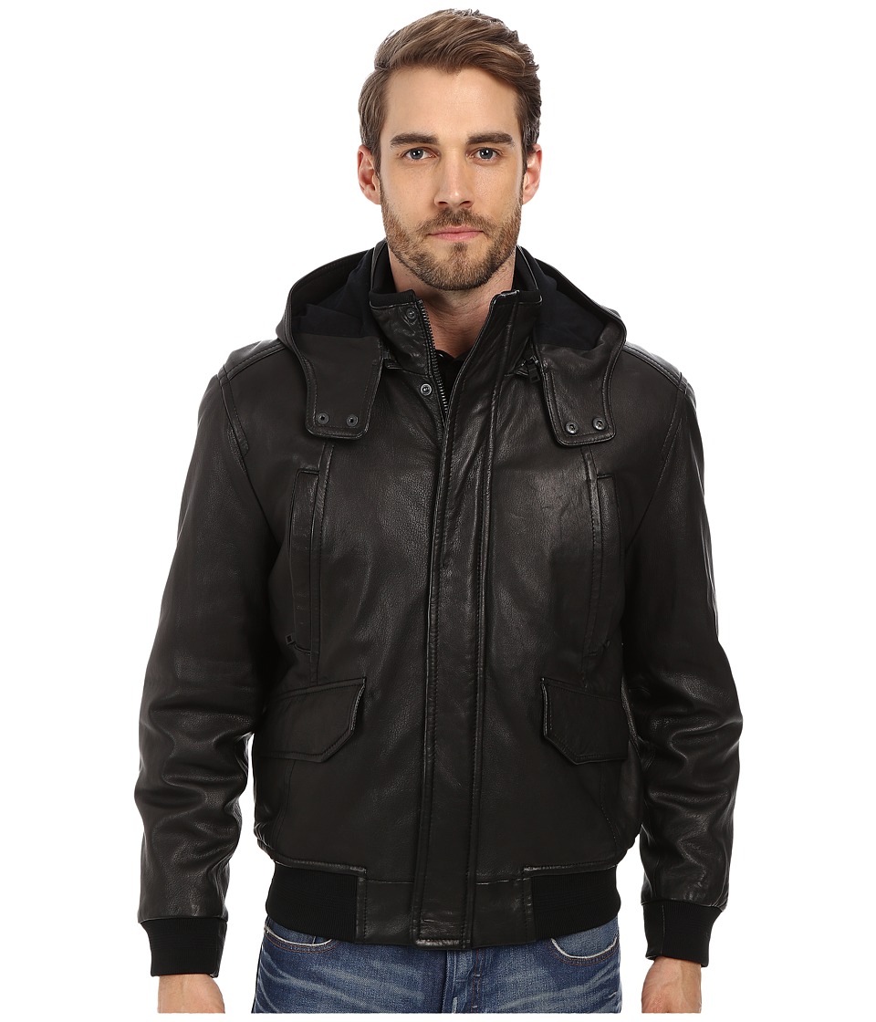 Andrew Marc x Richard Chai - Jaiden Italian Double Washed Hooded Leather Jacket (Black) Men's Coat
