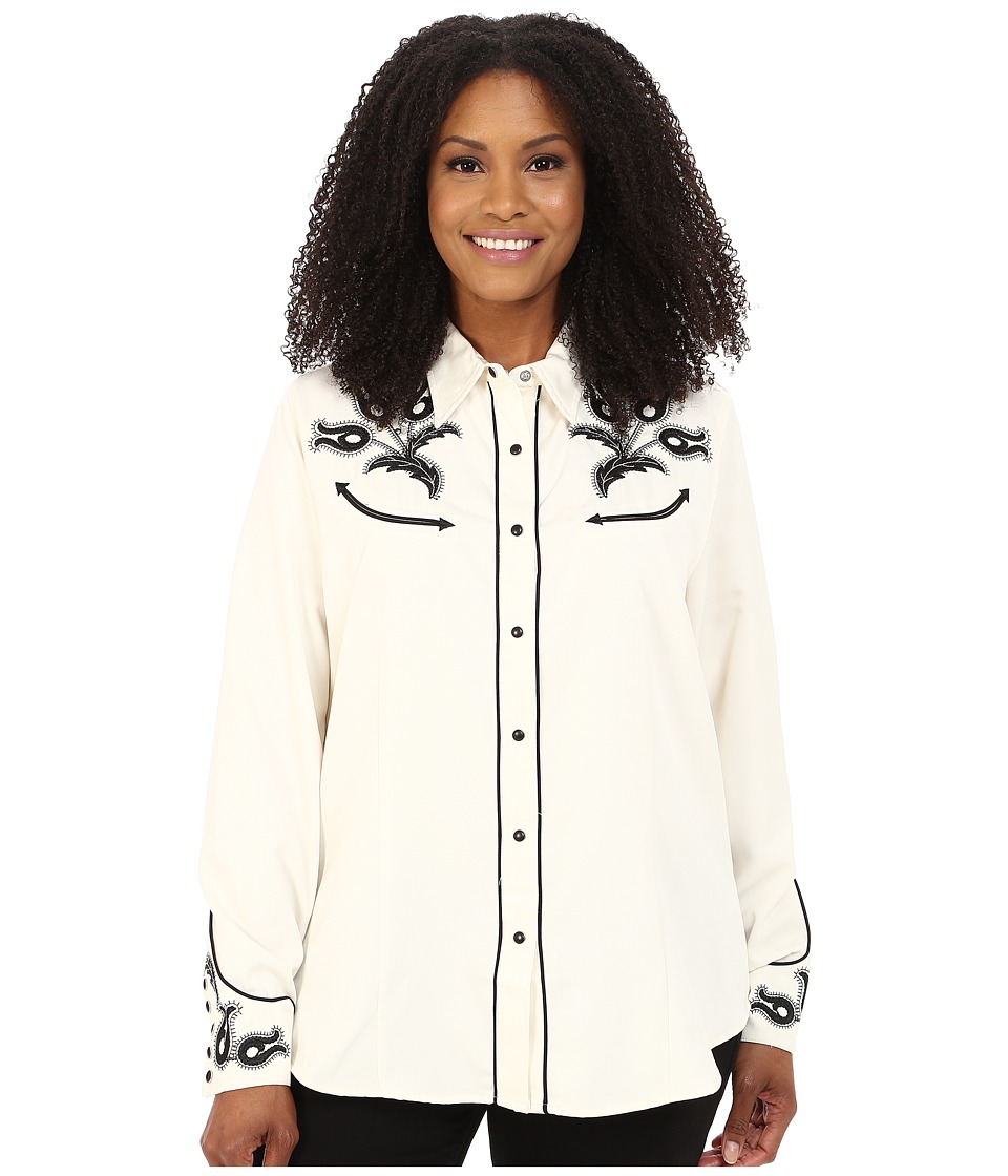 Roper - Plus Size 65P/35C Twill w/ Vintage Leaf Emb 9630 (White) Women's Clothing