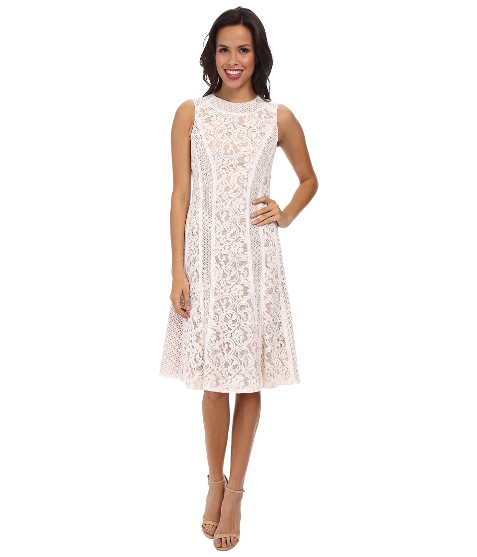 BCBGMAXAZRIA Avril Round Neck Lace Blocked Dress (White) Women