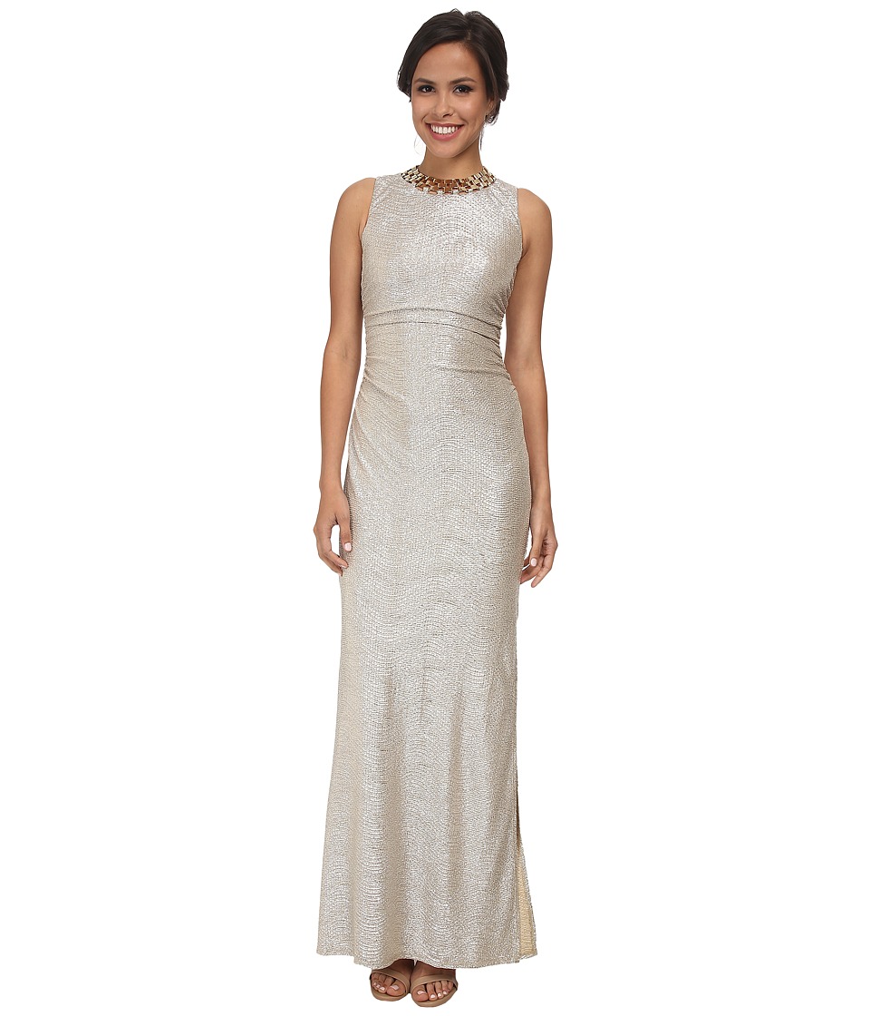 Laundry by Shelli Segal Metallic Side Shirred Gown with Gold Necklace (Gold/Silver) Women