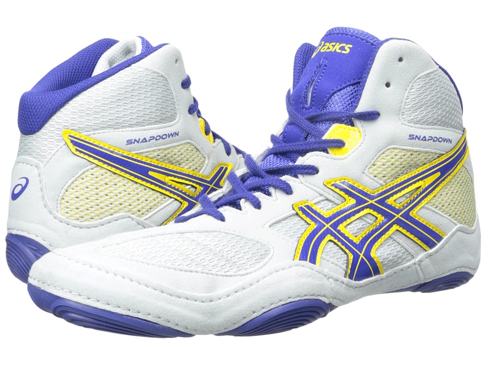 purple and white wrestling shoes