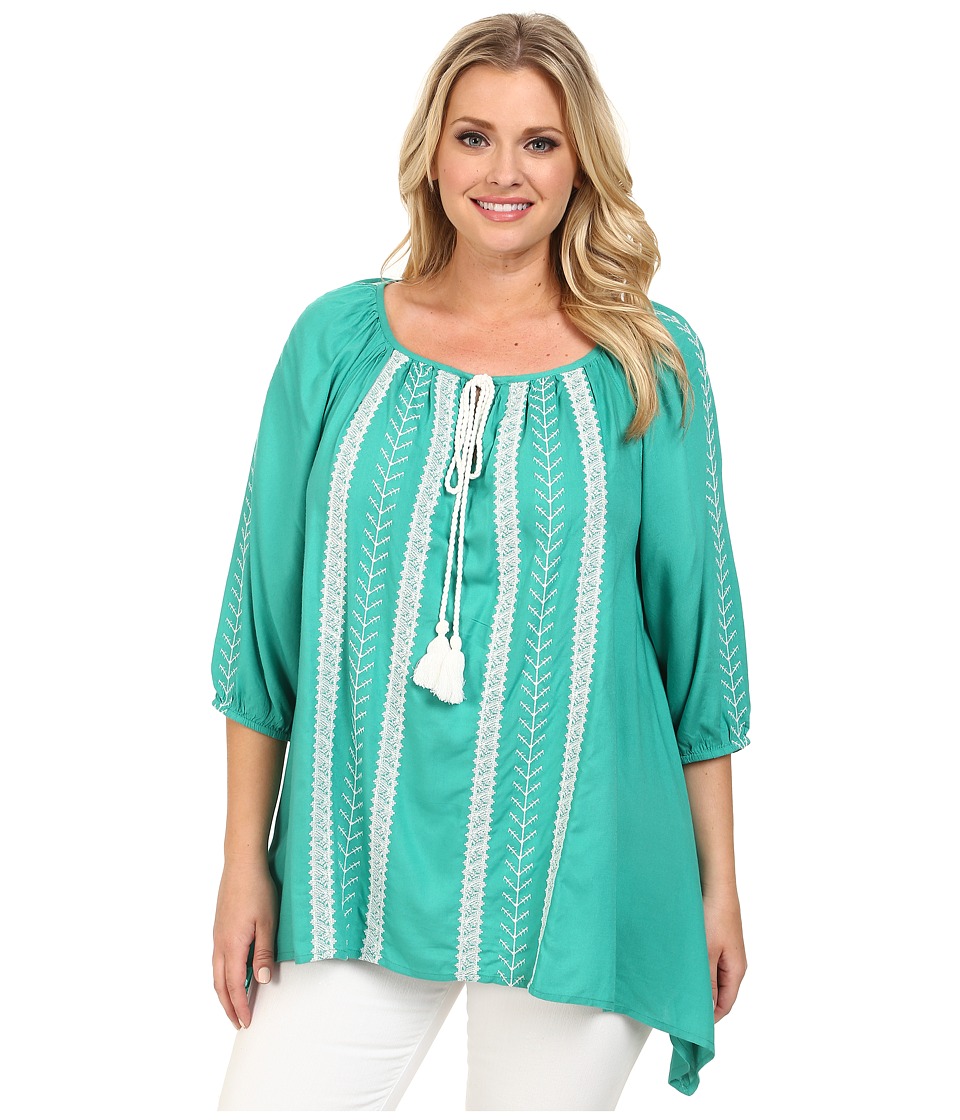 Karen Kane Plus - Plus Size Embroidered Tassel Tie Top (Green) Women