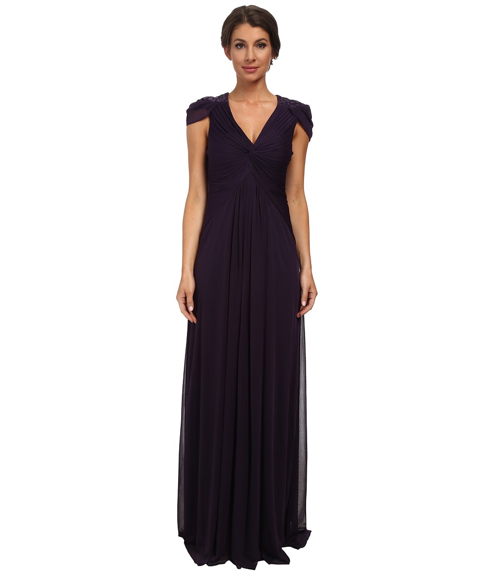 Adrianna Papell Cap Sleeve Stretch Tulle Gown (Aubergine) Women