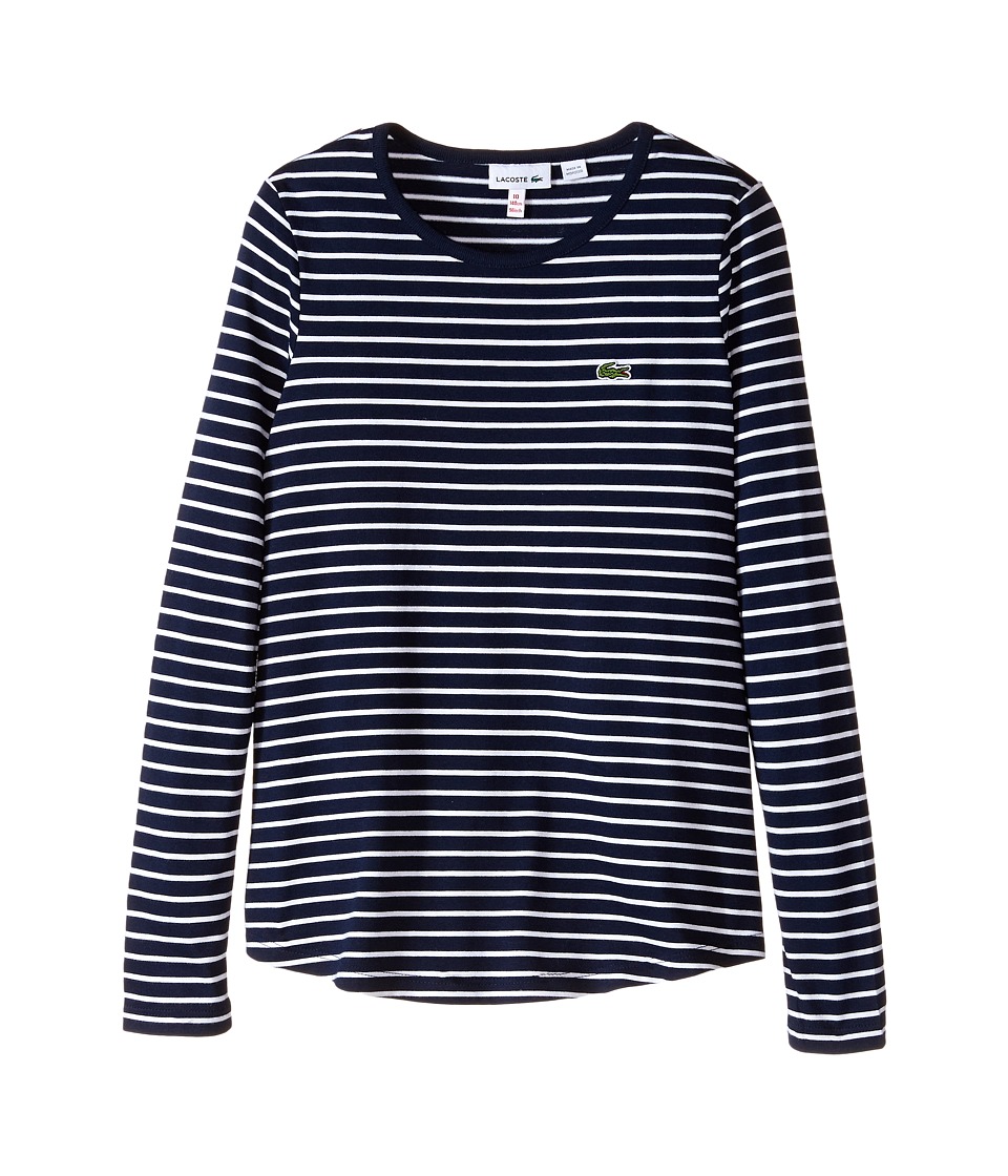 Lacoste Kids - Long Sleeve Loose Fit Striped Tee Shirt (Infant/Toddler/Little Kids/Big Kids) (Navy Blue/White) Girl