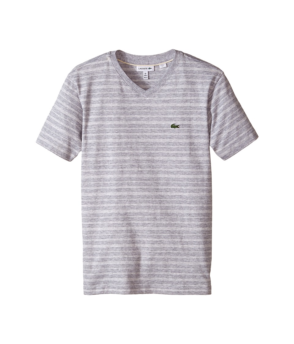 Lacoste Kids - Short Sleeve V-Neck Striped Tee Shirt (Toddler/Little Kids/Big Kids) (Silver Chine/Flour) Boy