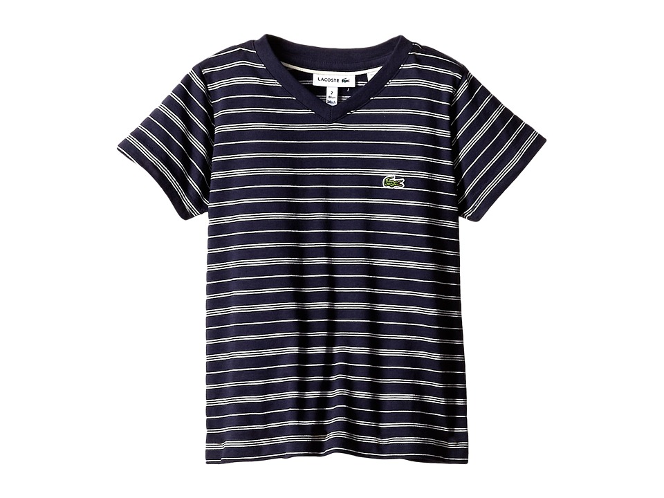 Lacoste Kids - Short Sleeve V-Neck Striped Tee Shirt (Toddler/Little Kids/Big Kids) (Navy Blue/Cake Flour/White) Boy