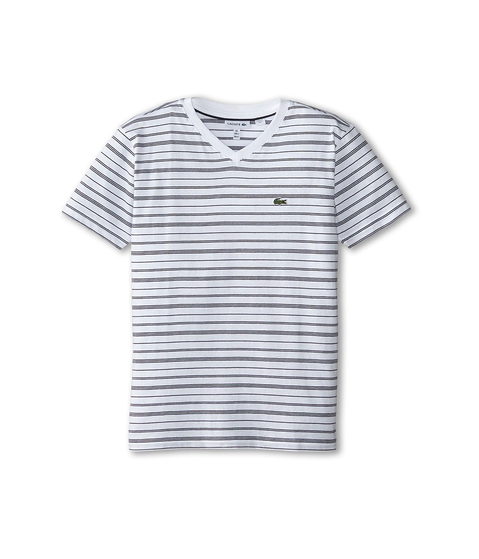 Lacoste Kids - Short Sleeve V-Neck Striped Tee Shirt (Toddler/Little Kids/Big Kids) (White/Navy Blue) Boy