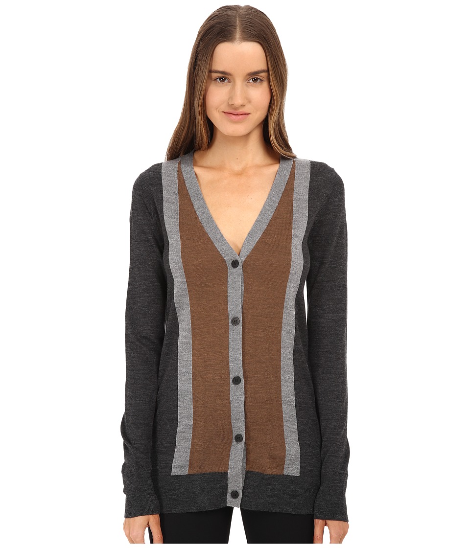 Vera Wang Merino Wool Cardigan w/ Stripes (Charcoal/Grey/Vicuna) Women