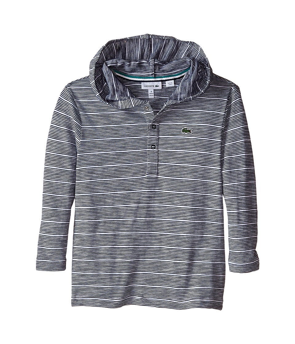 Lacoste Kids Long Sleeve Striped Henley Hooded Tee Shirt (Toddler/Little Kids/Big Kids) (Navy Blue/White) Boy
