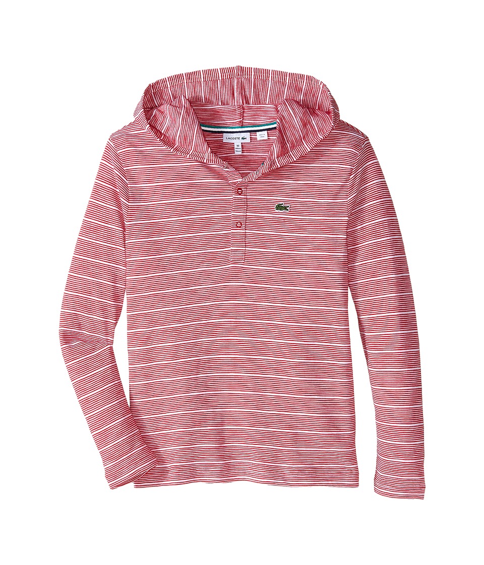 Lacoste Kids - Long Sleeve Striped Henley Hooded Tee Shirt (Toddler/Little Kids/Big Kids) (Tokyo Red/White) Boy
