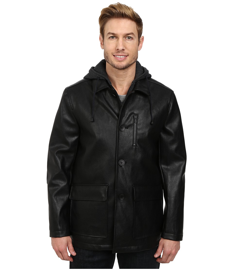 Kenneth Cole New York - Faux Leather Moto w\/ Hood (Black) Men's Coat