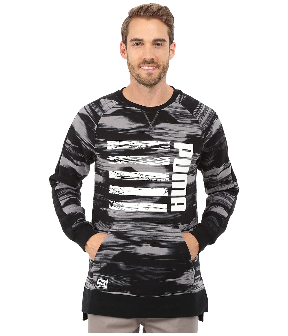PUMA Blocked Crew Long Sleeve Top (Black/Steel Gray Print) Men