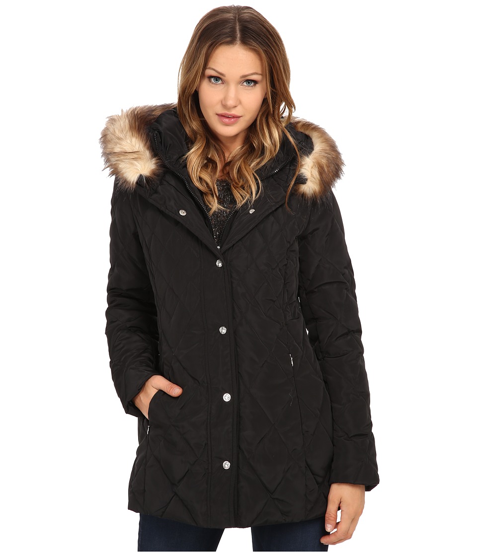 Jessica Simpson Quilted Down with Faux Fur Trim (Black) Women