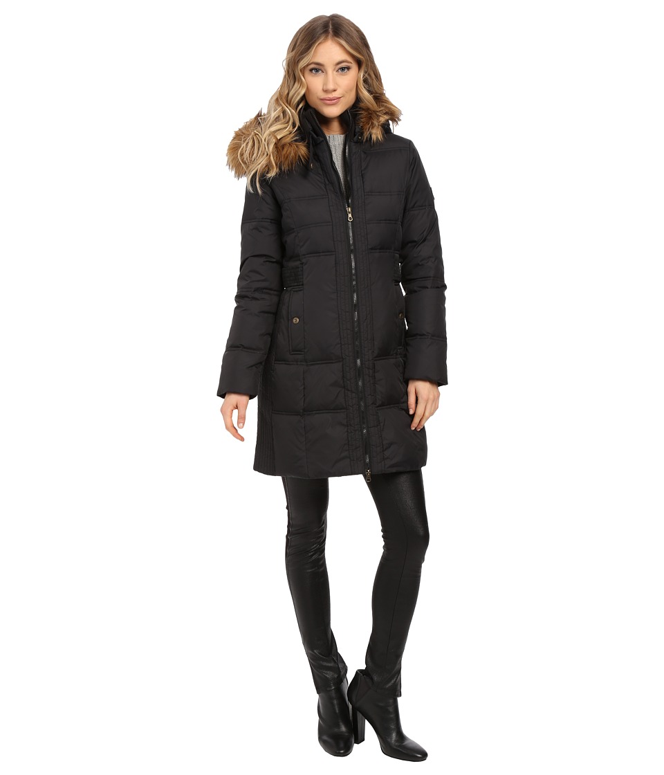 Larry Levine 3/4 Down with Faux Racoon Fur Hood Side Belt (Black) Women