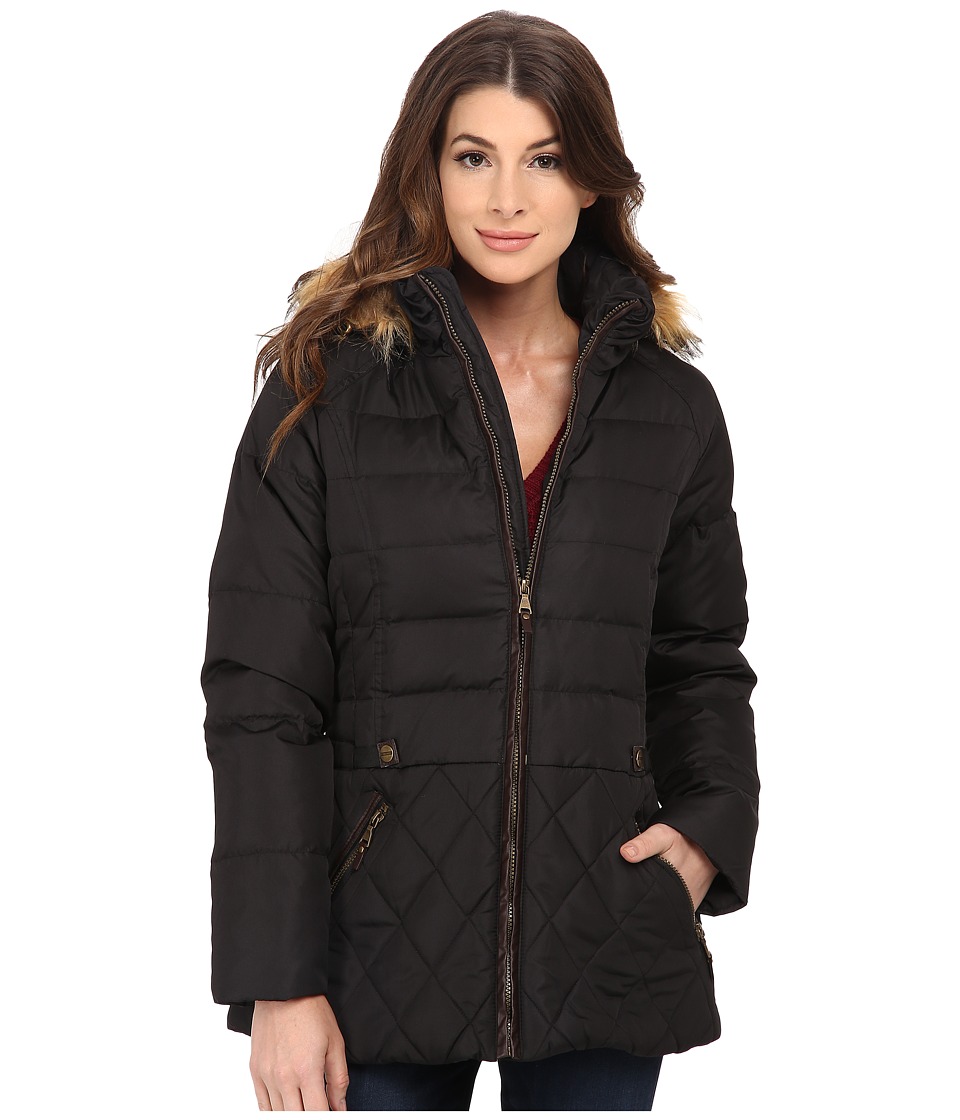 Larry Levine Short Hooded Down with Faux Leather Trim (Black) Women