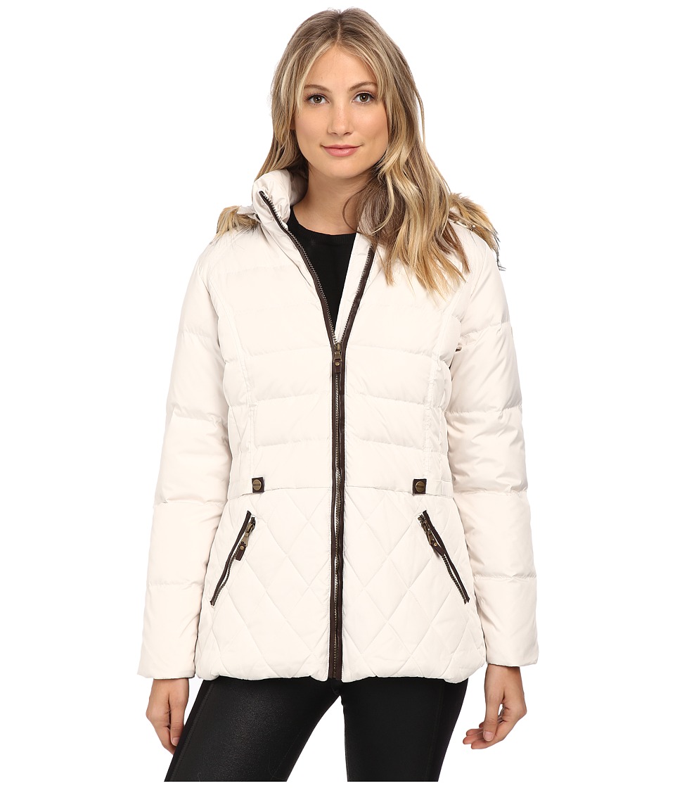 Larry Levine Short Hooded Down with Faux Leather Trim (Ivory) Women