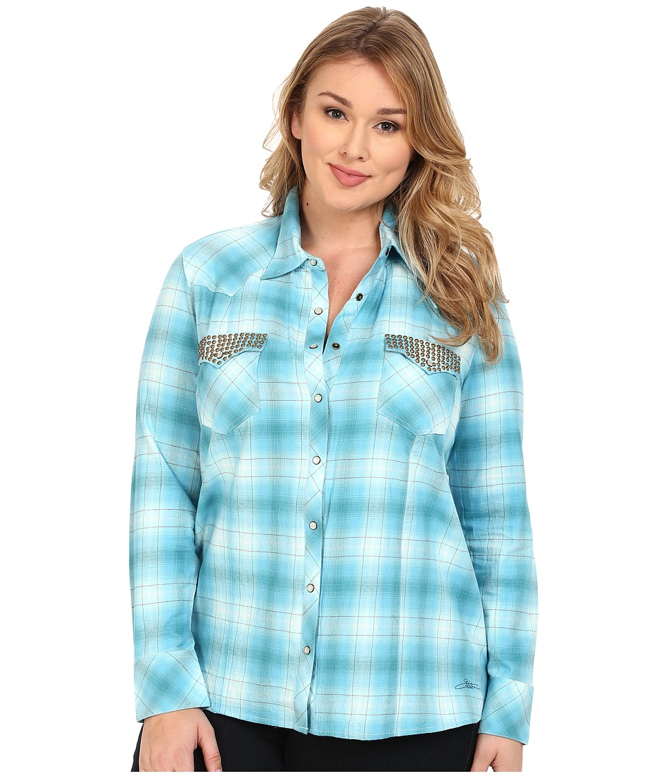 Stetson - Plus Size Turquoise Plaid Brushed Twill (Blue) Women's Clothing