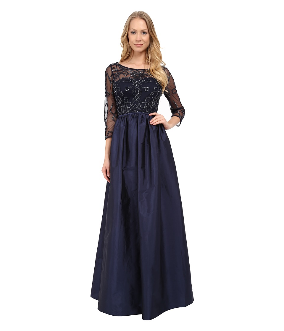 Adrianna Papell 3/4 Sleeve Bead Bodice Taffeta Gown (Navy) Women