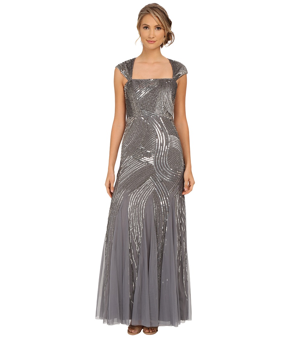 Adrianna Papell Cap Sleeve Fully Beaded Gown (Sterling) Women
