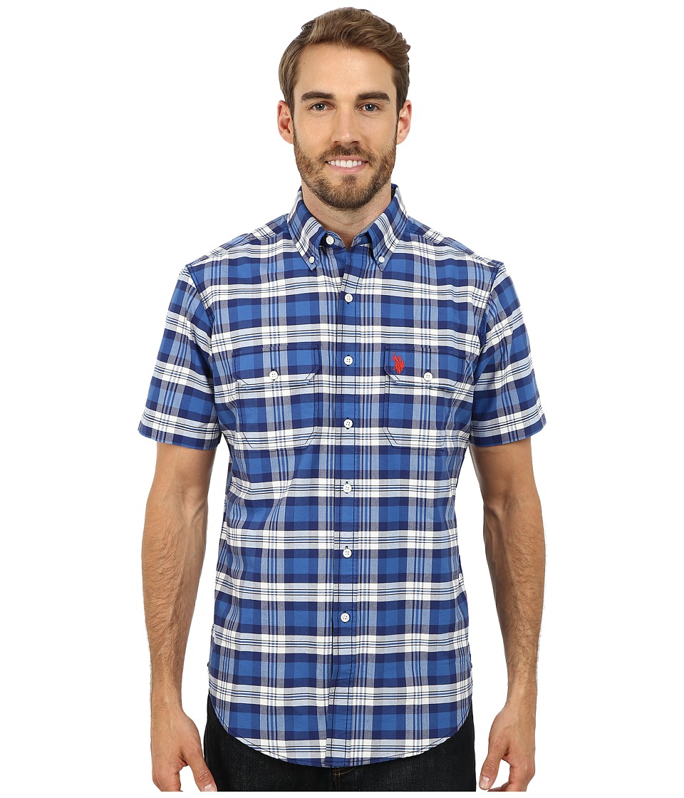U.S. POLO ASSN. Short Sleeve Plaid Sport Shirt (Bright Cobalt) Men