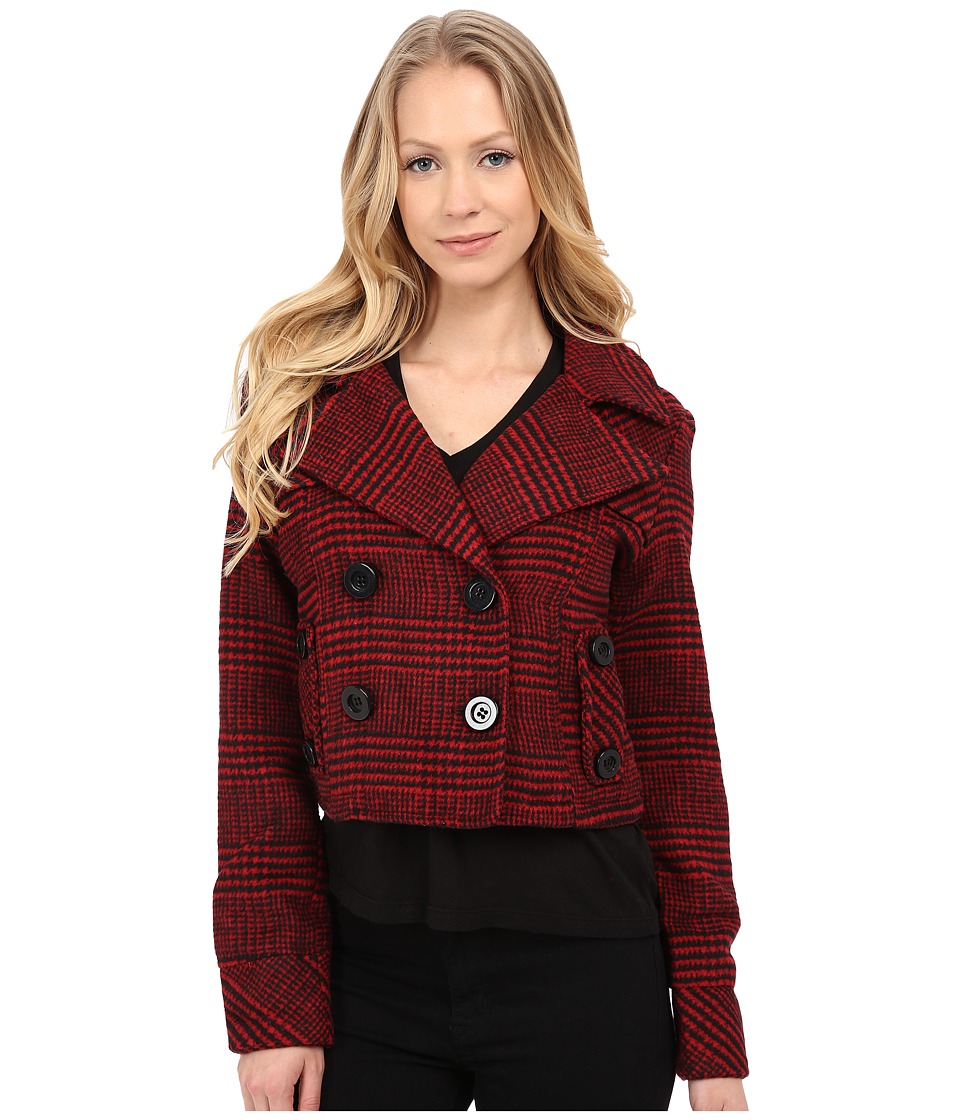 dollhouse - Double Breasted Notch Collar Crop Jacket (Dolce Plaid Red) Women's Coat