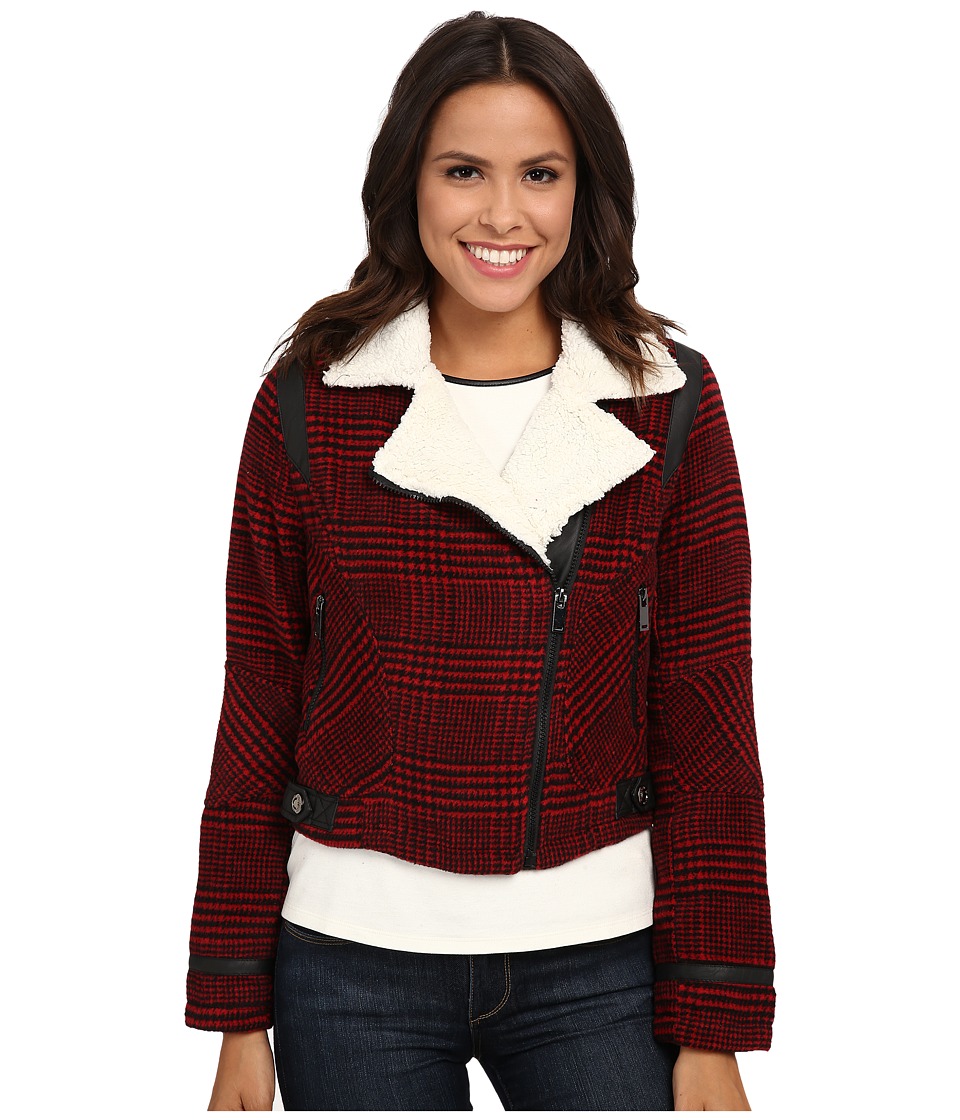 dollhouse - Asymetric Zip Jacket w\/ Pile Collar PU Trim (Dolce Plaid Red) Women's Coat