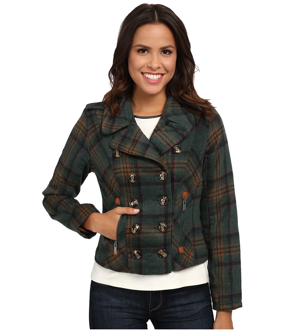 dollhouse - Double Breasted Notch Collar Jacket w\/ Zipper Pockets (Tori Plaid) Women's Coat