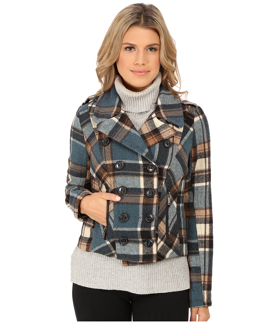 dollhouse - Double Breasted Notch Collar Jacket w\/ Zipper Pockets (Taylor Plaid) Women's Coat