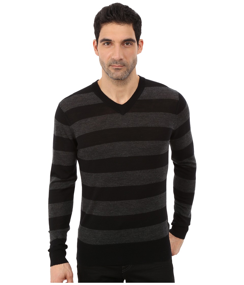 7 For All Mankind - Long Sleeve V-Neck Stripe Sweater (Charcoal/Black) Men