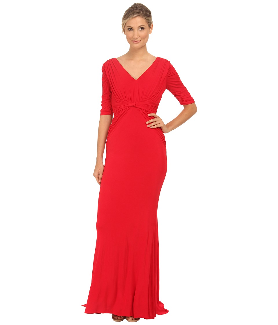 Badgley Mischka Stretch Matte Jersey V-Neck Gown (Red) Women